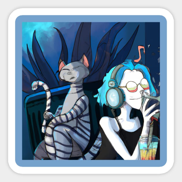 Blue Haired Girl Enjoys Music and Drink with Suspicious Cat Sticker by Star Scrunch